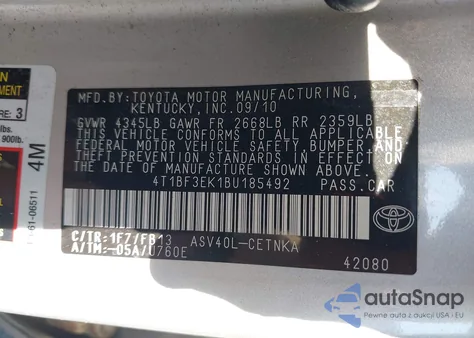 2011 Toyota Camry Le z USA, uszkodzony, nr VIN 4T1BF3EK1BU185492